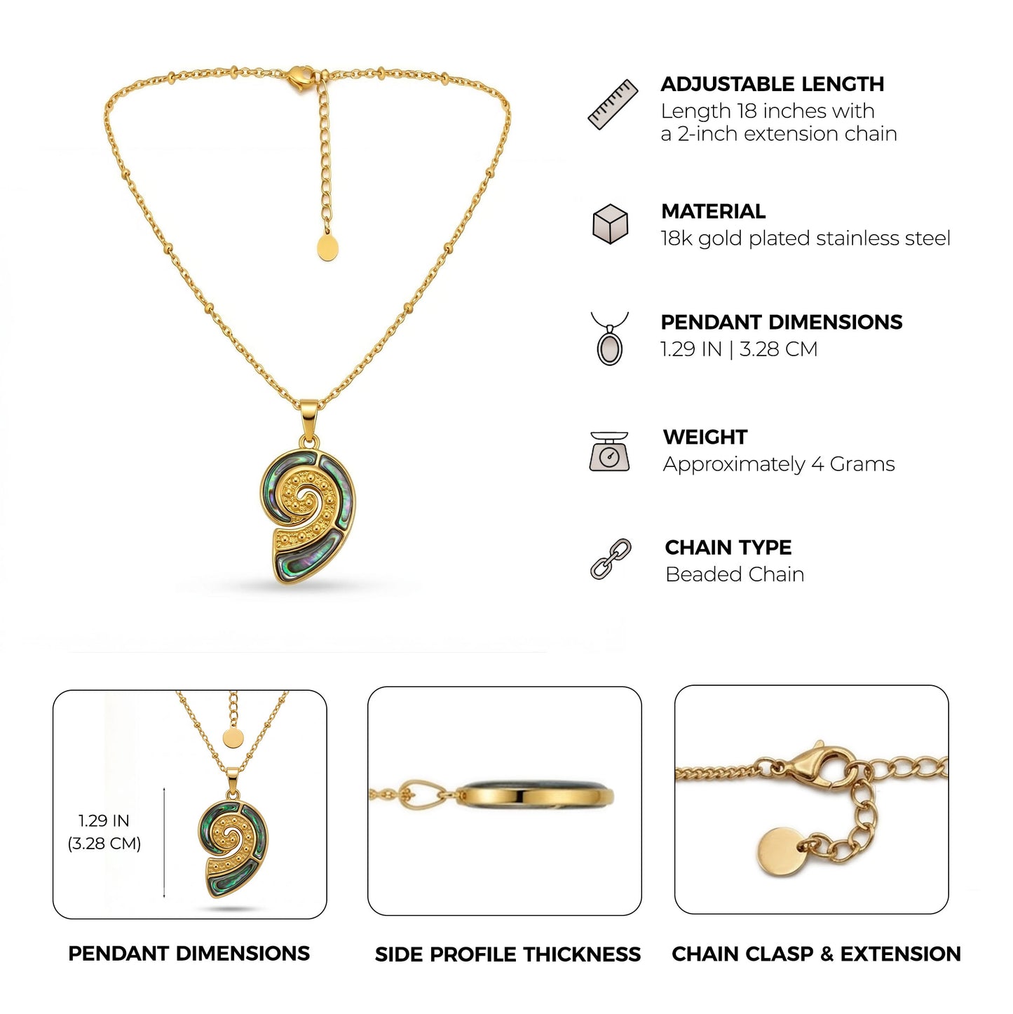 Sinaya Jewels Elegant Spiral Abalone Shell Necklace